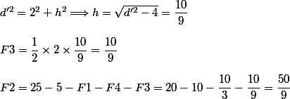 d'^2=2^2+h^2\Longrightarrow h=\sqrt{d'^2-4}=\dfrac{10}{9}
 \\ 
 \\ F3=\dfrac{1}{2}\times2\times\dfrac{10}{9}=\dfrac{10}{9}
 \\ 
 \\ F2=25-5-F1-F4-F3=20-10-\dfrac{10}{3}-\dfrac{10}{9}=\dfrac{50}{9}